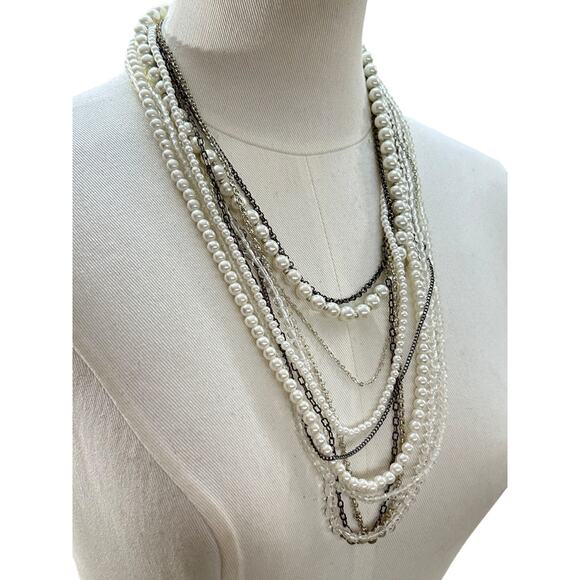Mixed Beads Multistrand Tiered Necklace White Silvertone Pewter Oversize Lobster - Picture 3 of 7